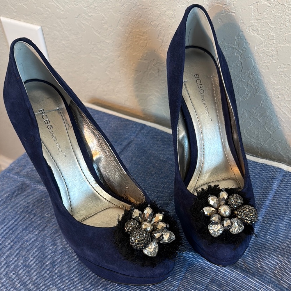 BOC Blue Embellished Peep-Toe Heels
